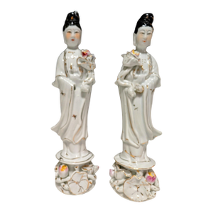 Chinese Republic Period Porcelain Guanyin Lotus Figures - A Pair