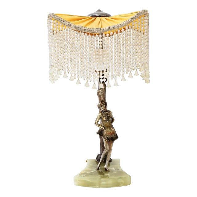 Bronze Table Lamp with Marble and Fabric Shade, 1908 For Sale