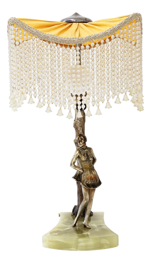 Bronze Table Lamp with Marble and Fabric Shade, 1908