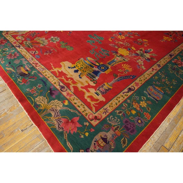 1920s Red Rust Floral Antique Chinese Art Deco Rug 9'x11' 8'' Woven Wool Carpet For Sale In New York - Image 6 of 9