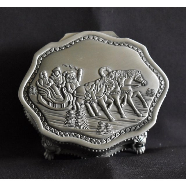 Vintage Metal Trinket Box Lion Paw Feet Santa Sleigh Jewelry Box Velvet Lined For Sale - Image 4 of 15