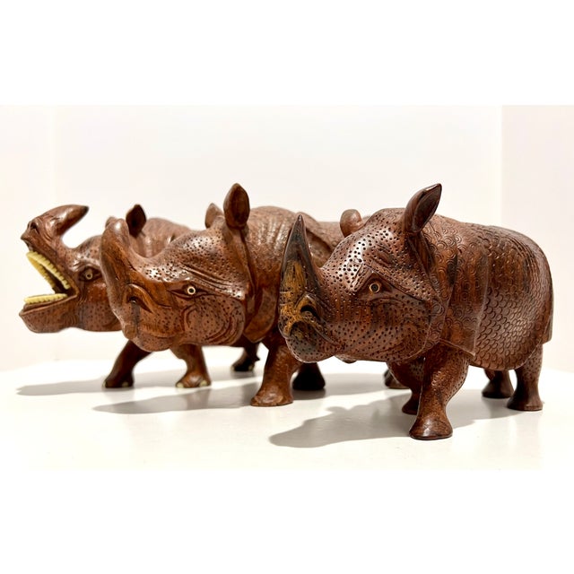 1970s Set of 3 Hand-Carved Solid Wood Rhinoceros Sculptures, Textured Hide, Inlaid Teeth and Toenails For Sale - Image 10 of 18