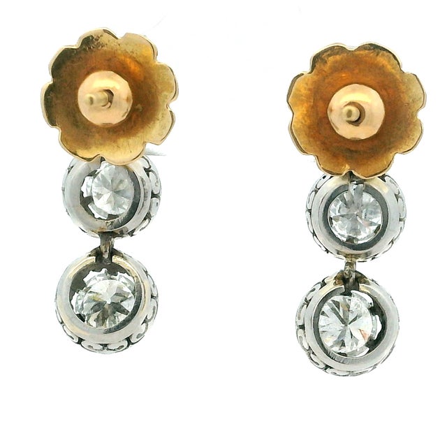 Metal Vintage Platinum and 14k Gold 2 Carat Diamond Drop Earrings Circa 1950s, A Pair For Sale - Image 7 of 15