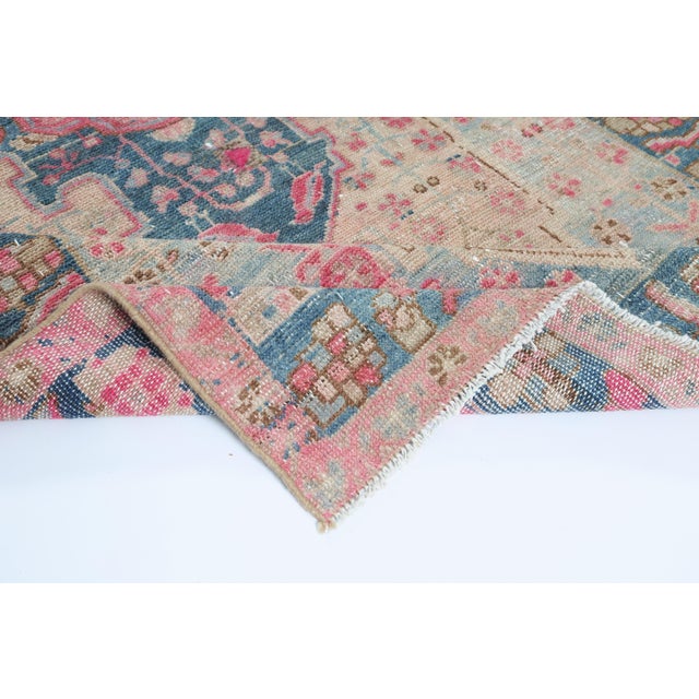 Vintage Wool on Cotton Tribal Area Rug – HandMade All Around Design in Soft Rose & Blue Tones -3' 7'' X 7' 4'' For Sale - Image 4 of 12