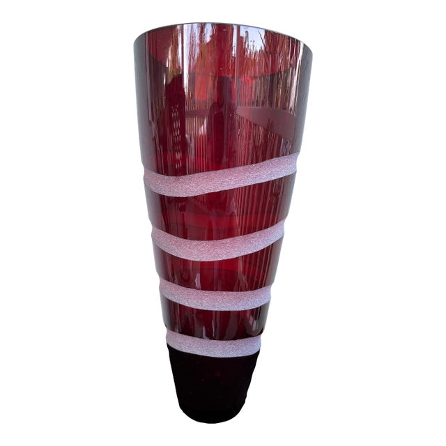 Vintage Polish Cranberry Red Art Glass Vase With Frosted Bands, Mid-Century Modern For Sale