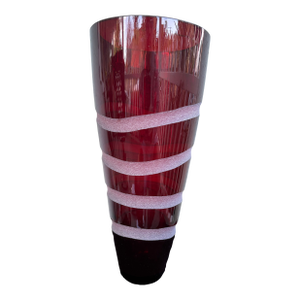 Vintage Polish Cranberry Red Art Glass Vase With Frosted Bands, Mid-Century Modern