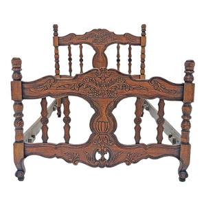 Antique 1920s French Carved Solid Wood Bed Frame With Floral Urn Bouquet Motif