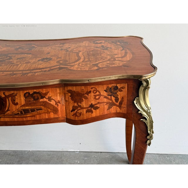 Brown 1940s Louis XV Style Inlaid Writing Desk With Ormolu Mounts & Marquetry Top For Sale - Image 8 of 15