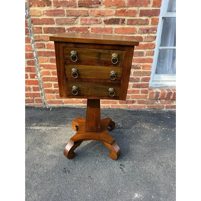 Antique American Empire Three Drawer Carved Mahogany Work Table on Quatrefoil Bases 3 drawers with dovetail joint...