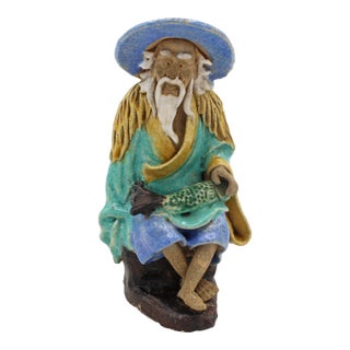 C. 1891-1911 Chinese Fisherman Mud Man Pottery Figurine For Sale