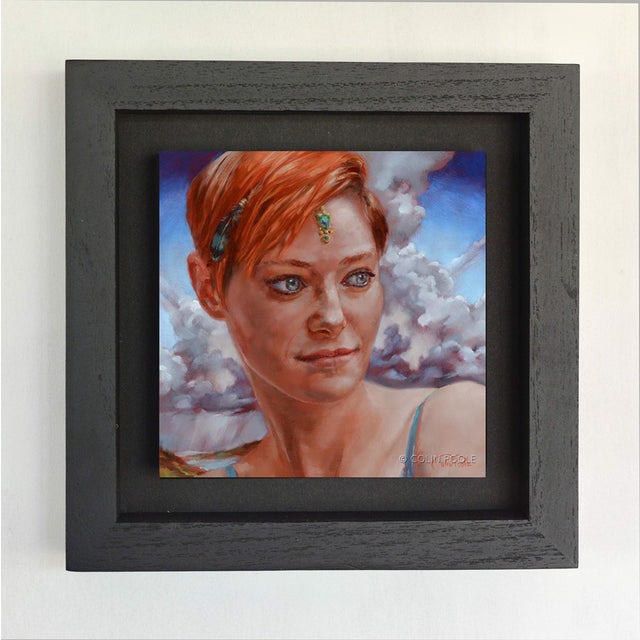 This oil on wood panel artwork presents a contemplative figure against a backdrop of dramatic clouds, evoking a sense of...