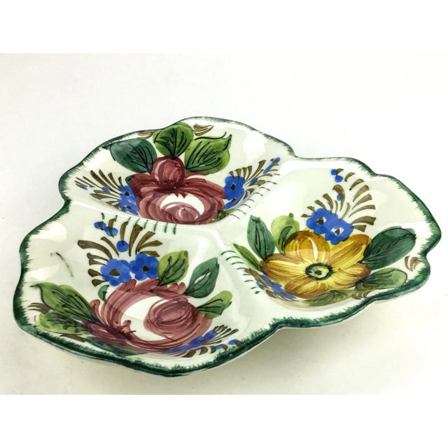 1990s Vintage Faience Italian Made Artisan Ceramic 3 Portion Serving Dish For Sale - Image 5 of 8