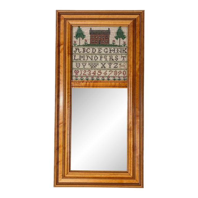 Vintage Alphabet Cross Stitch Wood Framed Wall Mirror For Sale