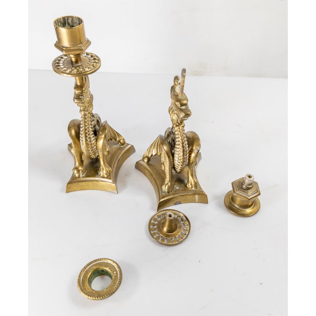 19th Century Victorian Pair of Brass Dragon or Griffin Form Candlesticks, Probably French For Sale - Image 9 of 10