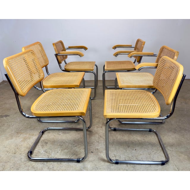 Vintage Set of 6 Marcel Breuer Cesca Style Cane & Tubular Chrome Chairs For Sale - Image 9 of 12