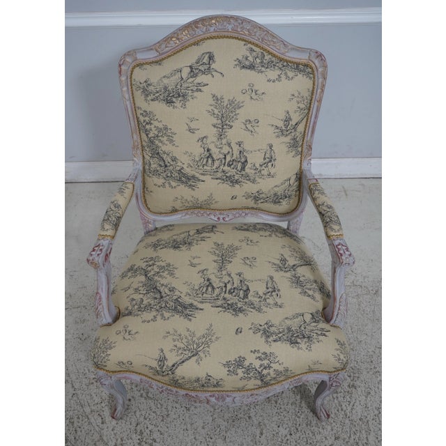 French Pair Custom Paint Decorated French Louis XIV Style Arm Chairs For Sale - Image 3 of 12