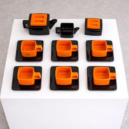 vintage 1970s glazed ceramic tea set, with a bold, graphic design in the style of ettore sottsass: square shapes,...