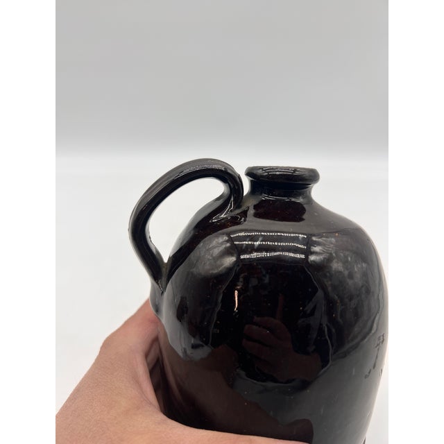 A Fine Antique Pennsylvania Folk Art Redware Handled Jug With an Albany Glaze, 1870's For Sale - Image 11 of 14