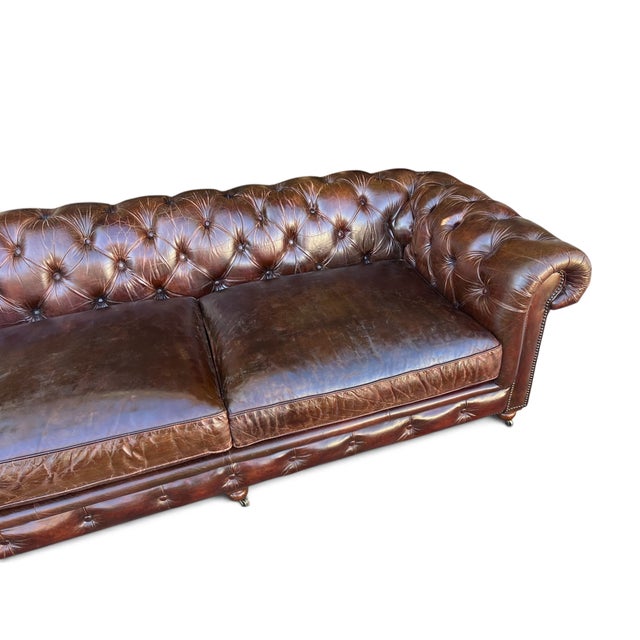 Restoration Hardware Chesterfield Cognac Leather Sofa With Brass Nailhead & Casters For Sale In Los Angeles - Image 6 of 16