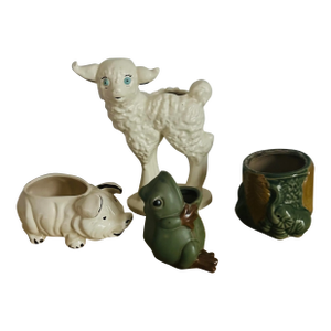 Vintage Group of 4 Small Animal Planters Lamb, Pig, Frog & Elephant