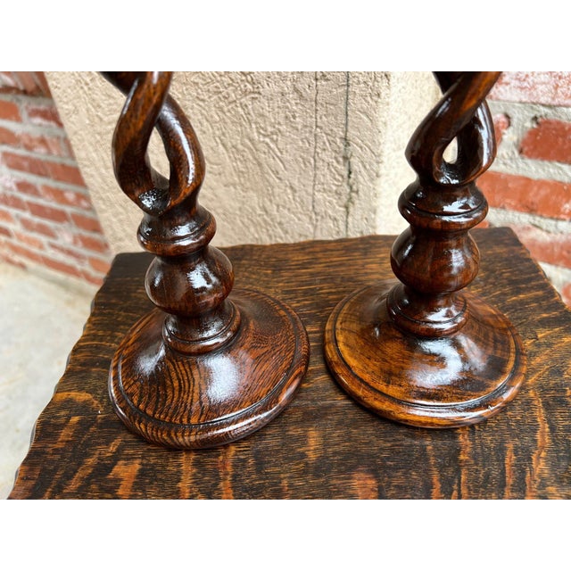 Antique English Oak Open Barley Twist Candlesticks Jacobean Pair C1860 12.5” For Sale In Dallas - Image 6 of 18