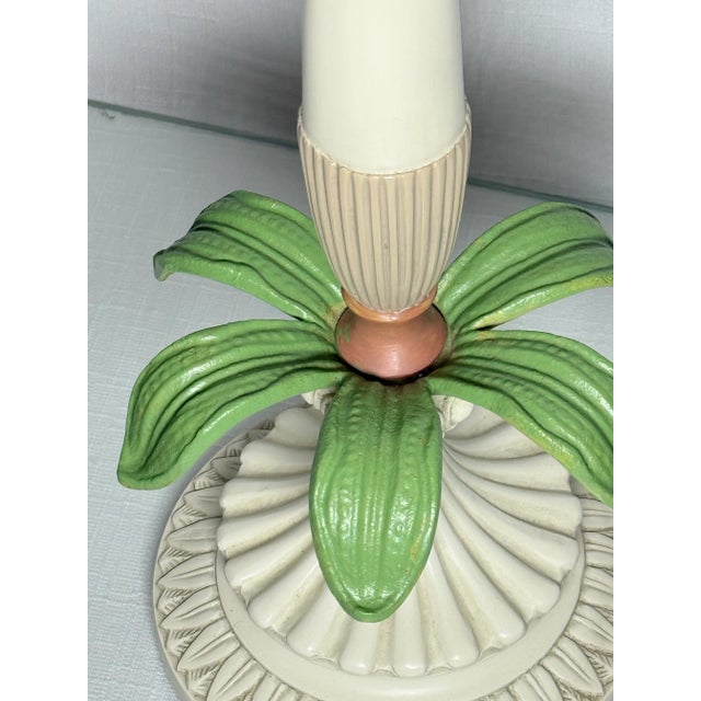 Metal Vintage Palm Beach Regency Palm Tree Table Lamps - Striped Empire Shade – Charming Coastal Decor – A Pair For Sale - Image 7 of 12