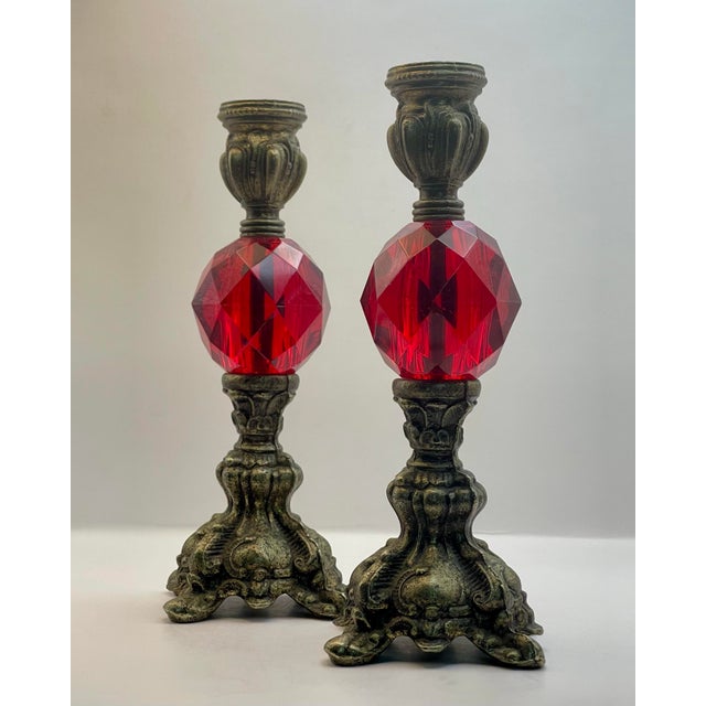 Baroque Mid 20th Century Red Faceted Baroque Inspired Candlesticks-a Pair For Sale - Image 3 of 9