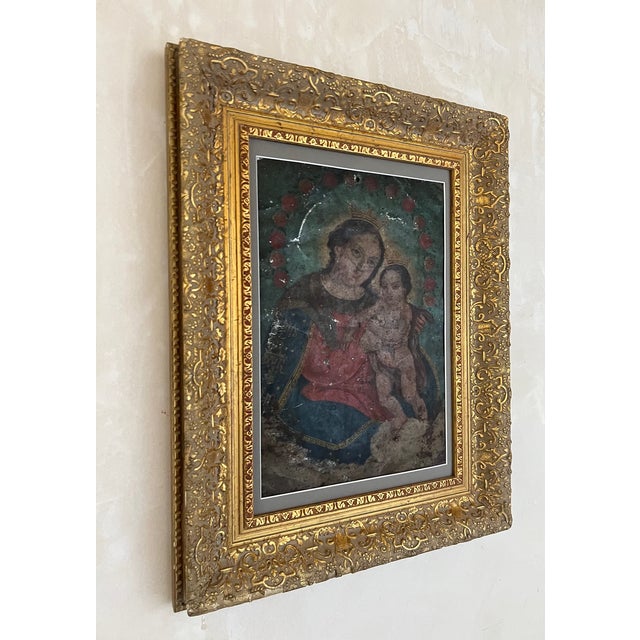 19th Century Virgin Mary and Christ Child Retablo, Oil on Tin For Sale - Image 9 of 13