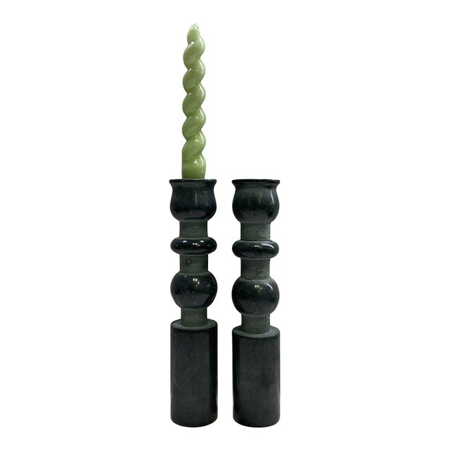 Pair of Vintage Heat-Responsive Charcoal Stone Candlesticks For Sale