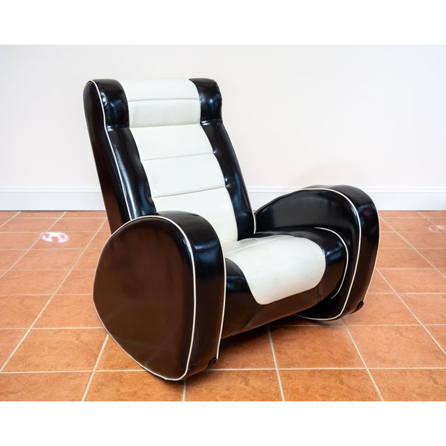 Art Deco Americana Rocking Chair Lounge Chair in Black - White Leatherette from MCM, 1989 For Sale - Image 11 of 18