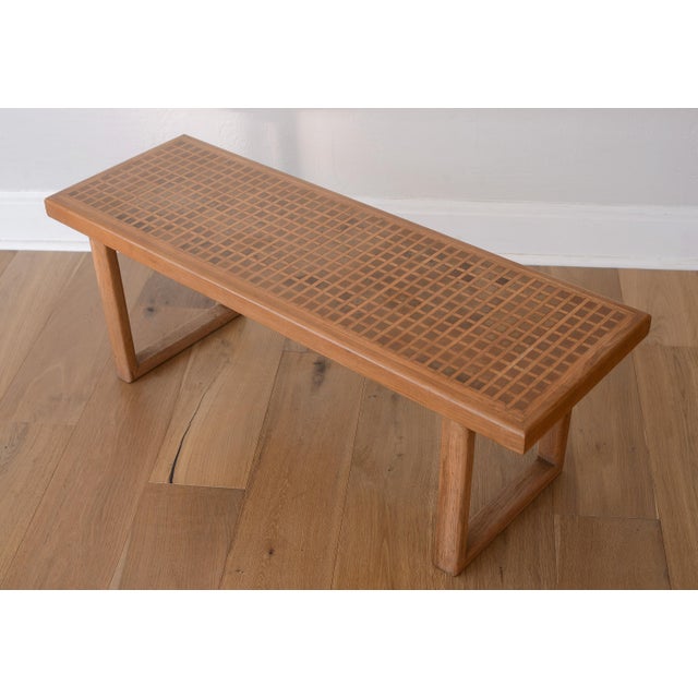 Mid-Century Modern Mid Century Modern Square Pattern Inlay Wood Bench For Sale - Image 3 of 13