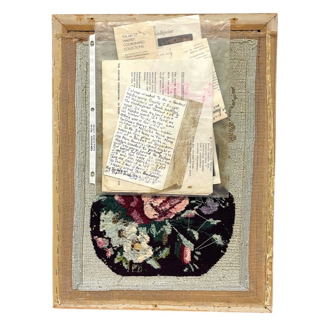 Wood Decorative Hand-Beaded Floral Needlepoint Artwork With Original Pattern Papers and Provenance For Sale - Image 7 of 10