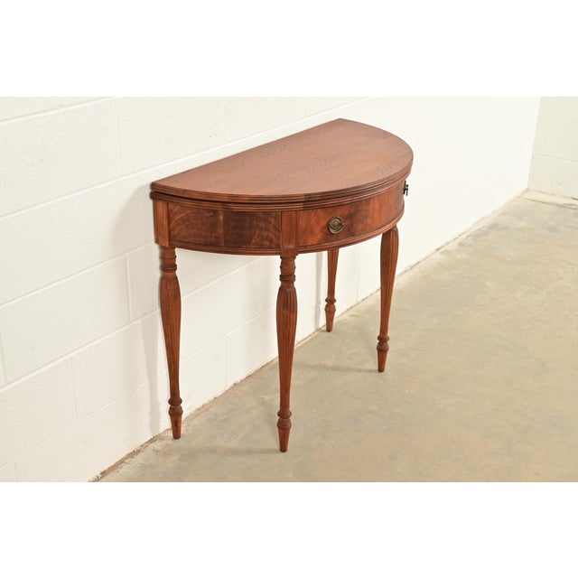 Baker Furniture Company Baker Furniture Style Antique Federal Flame Mahogany Flip Top Demilune Console Game Table, Circa 1920s For Sale - Image 4 of 14