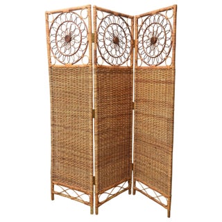 Vintage Three-Panel Rush Bamboo Screen For Sale