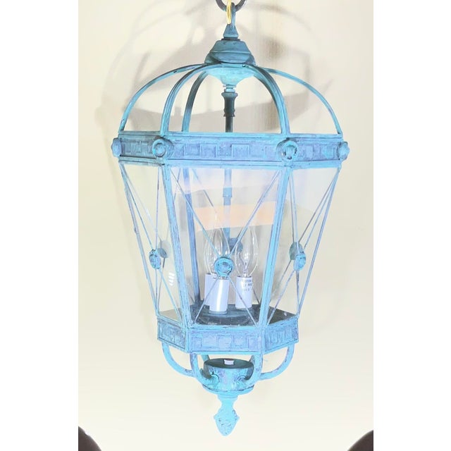 Verdigris Vintage Style Solid Brass Verdigris Hanging Lantern - Restored & Rewired / 23”h For Sale - Image 8 of 18