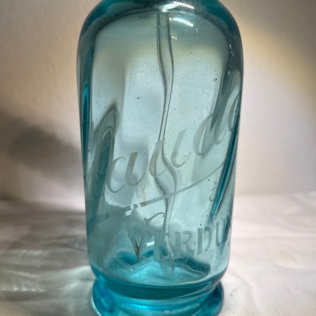 Antique Turquoise French Siphon Claude Verdun Seltzer Bottle Etched