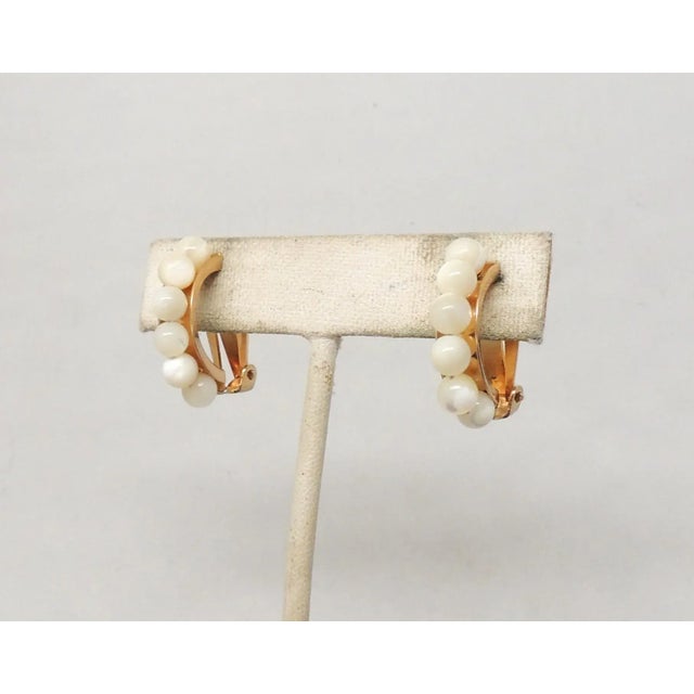 Mid-Century Modern Vintage Signed Napier Goldtone Mother of Pearl Beaded Clip Earrings - 2 Pieces For Sale - Image 3 of 8