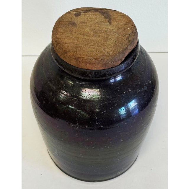 Farmhouse Antique Primitive Crock Jar With Wood Lid For Sale - Image 3 of 11