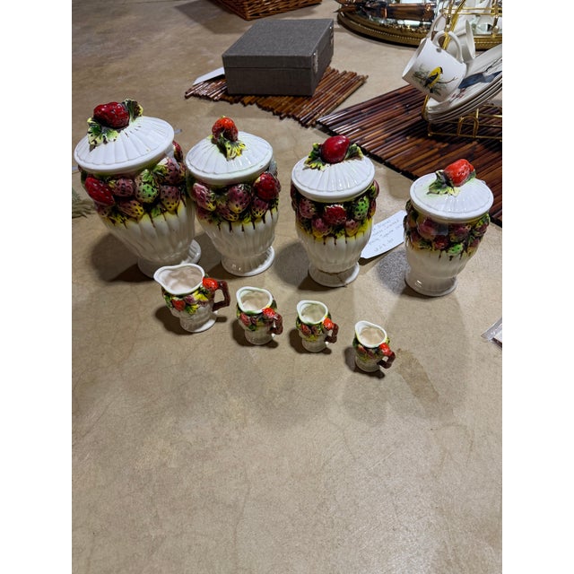 1970s Vintage Japanese Hand-Painted Ceramic Strawberry Canister & Measuring Set - 8 Pieces For Sale - Image 10 of 11