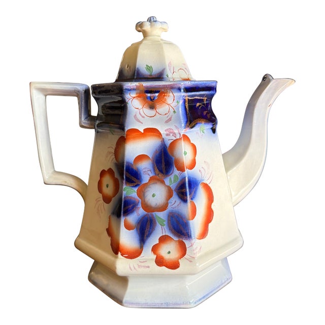 Antique Gaudy Welsh Crescent Pinwheel Flow Blue Teapot With Lid, Circa 1840s For Sale