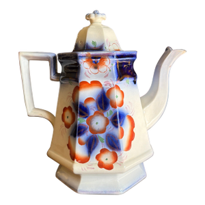 Antique Gaudy Welsh Crescent Pinwheel Flow Blue Teapot With Lid, Circa 1840s