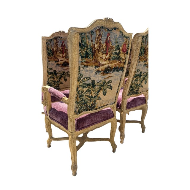 Vintage Set of 6 Upholstered Dining Chairs With Village Scene For Sale In West Palm - Image 6 of 6