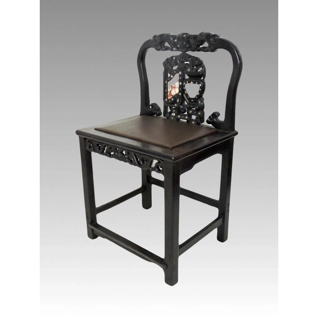 Late 19th Century 19th Century Antique Chinese Blackwood (Hongmu), Marble & Mother of Pearl Upholstered Side Chair For Sale - Image 5 of 7