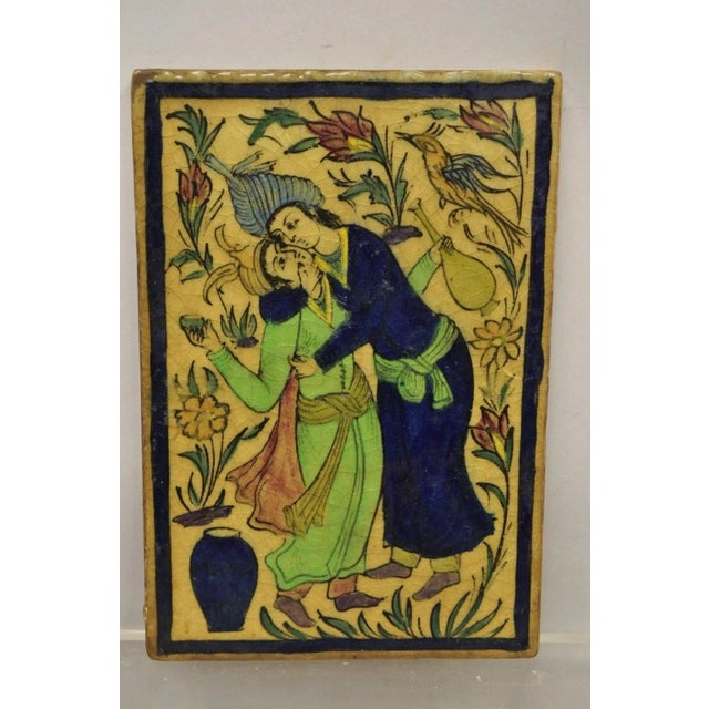 Ceramic Antique Persian Iznik Qajar Style Ceramic Pottery Tile Blue Man Woman Kissing C2 For Sale - Image 7 of 10