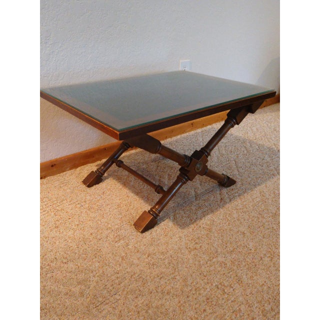 End Table w Soapstone Inset Top Engraved with Blueprints of the Grand Banks Fisherman, Isiah L. Jefferson, This mid-...