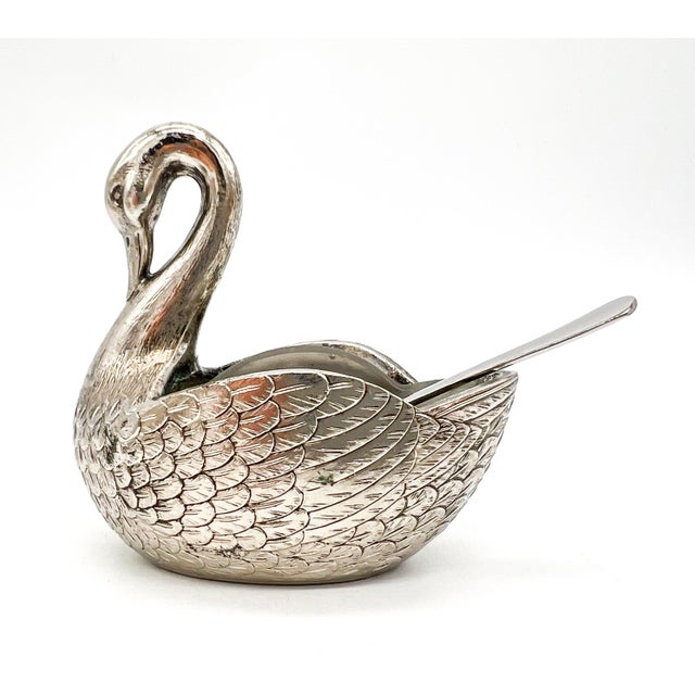Vintage Hollywood Regency Style Silver -Plated Swan Salt Cellars With Glass Inserts and Spoons - Set of Four For Sale - Image 9 of 13