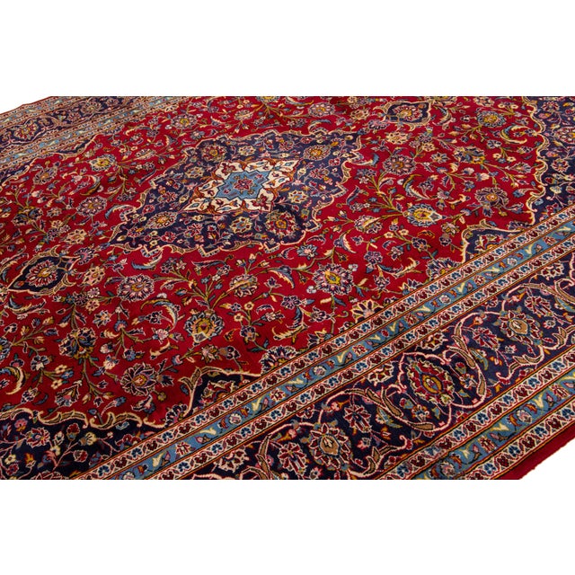 Vintage Persian Kashan Wool Rug Handmade in Red With Medallion Design For Sale - Image 4 of 8