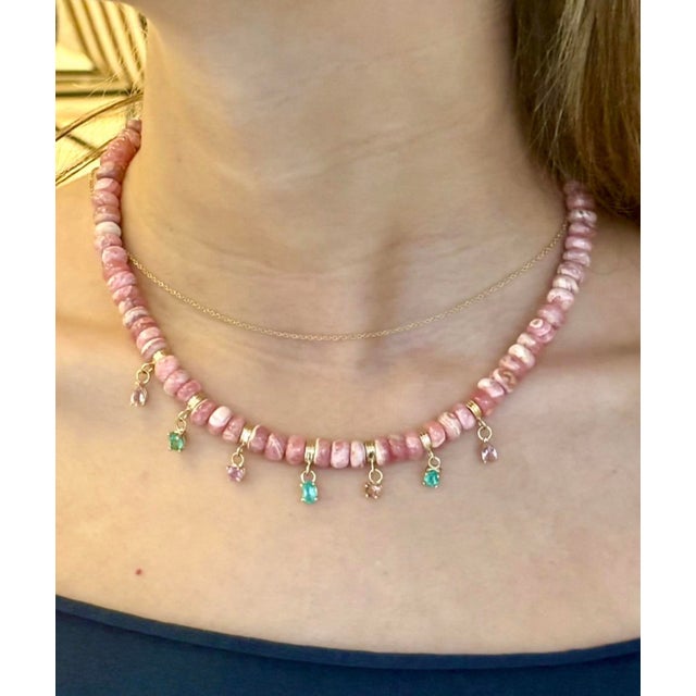 Rhodochrosite Rondelle Fringe Necklace With Pink Spinel, Emeralds & 14k Gold For Sale - Image 11 of 12