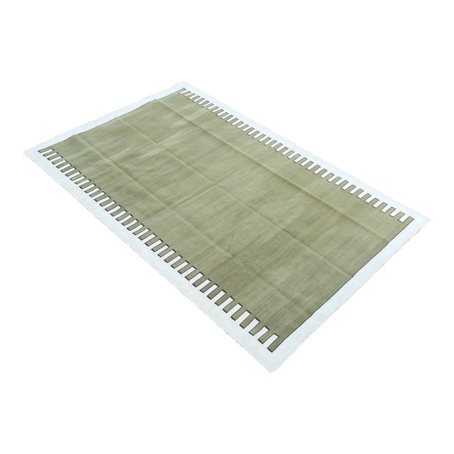 Not Yet Made - Made To Order Handmade Cotton Area Rug Vegetable Dyed Olive Green and White Zig Zag Striped Rug-8'x10' For Sale