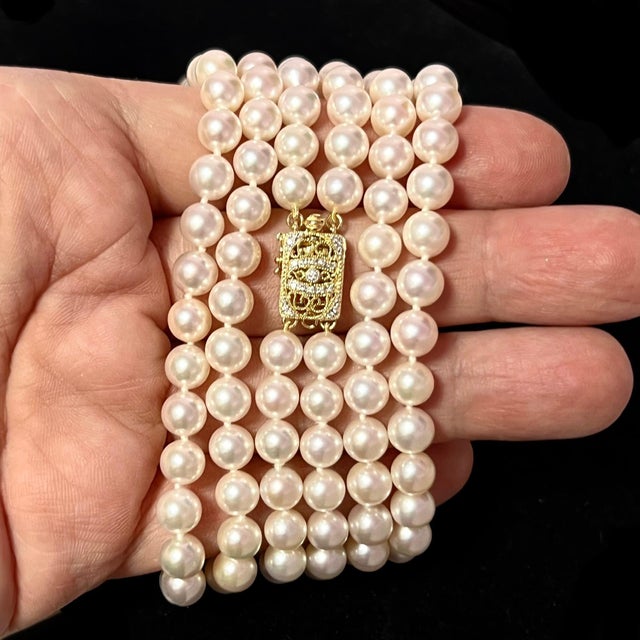 Akoya Pearl Diamond Double Stranded Necklace 14k Y Gold Certified For Sale - Image 4 of 9